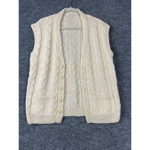 Vintage Hand Knit Vest Cable Stitch Cardigan Cream Off-White Mens XL Button